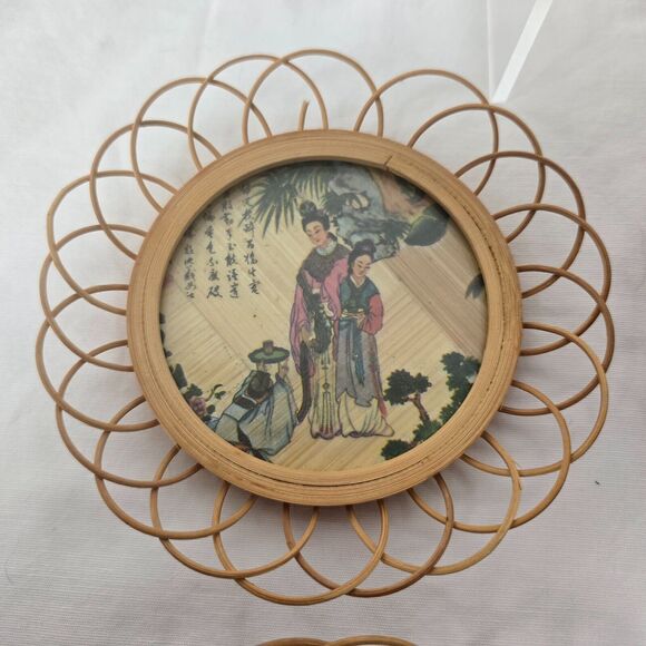 Geisha Bamboo Asian Wicker Coaster Set of 6 with Holder Vintage - Picture 5 of 16
